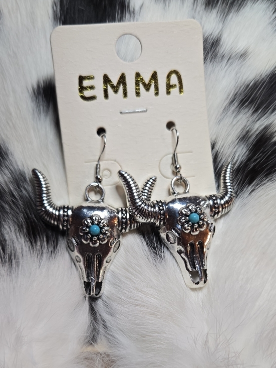 Jewelry - EMMA Silver Bull Skull Dangle Earrings with Turquoise Accent NWT